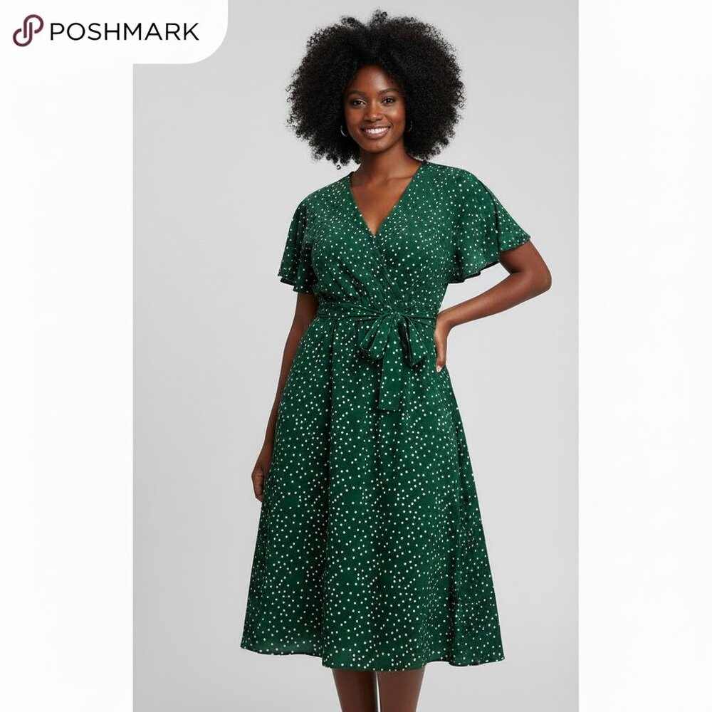 SHEIN Forest Green Polka Dot Midi Dress Flutter Sleeves